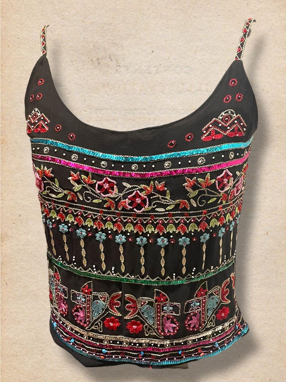 Vintage boho Embroidered Beaded Black Cami Top